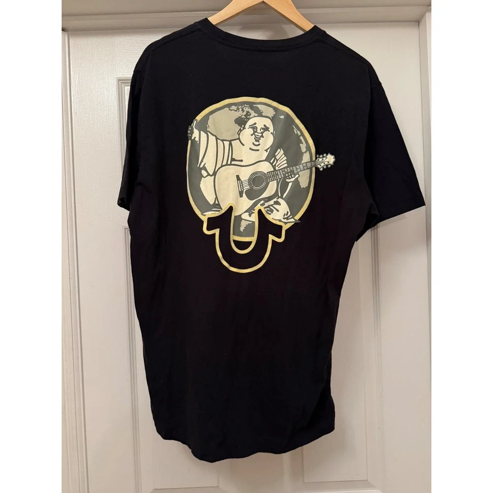 True Religion T-Shirt Mens XL Black Short Sleeve Buddha Graphic Horseshoe Logo